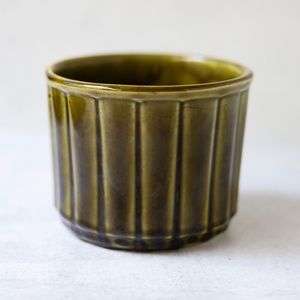 Olive green USA pottery 490 planter round MCM midcentury modern vintage ceramic